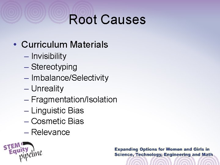 Root Causes • Curriculum Materials – Invisibility – Stereotyping – Imbalance/Selectivity – Unreality –