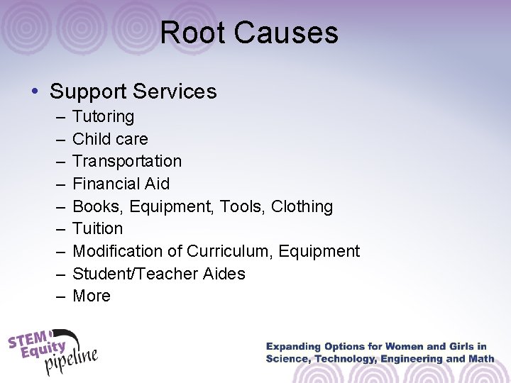 Root Causes • Support Services – – – – – Tutoring Child care Transportation