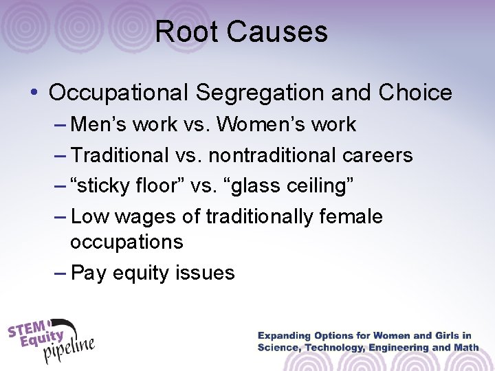 Root Causes • Occupational Segregation and Choice – Men’s work vs. Women’s work –
