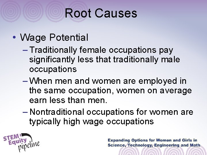 Root Causes • Wage Potential – Traditionally female occupations pay significantly less that traditionally
