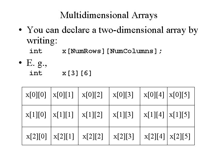 Multidimensional Arrays • You can declare a two-dimensional array by writing: int x[Num. Rows][Num.