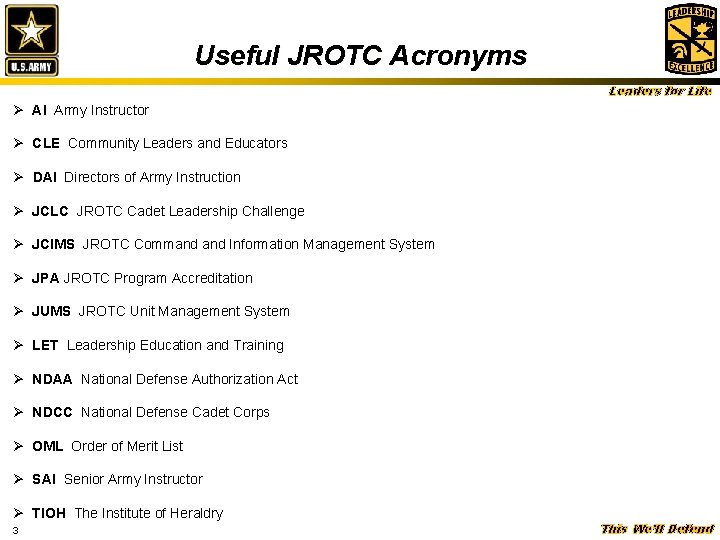 Useful JROTC Acronyms Leaders for Life Ø AI Army Instructor Ø CLE Community Leaders