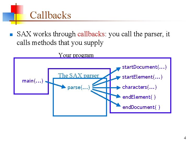 Callbacks n SAX works through callbacks: you call the parser, it calls methods that