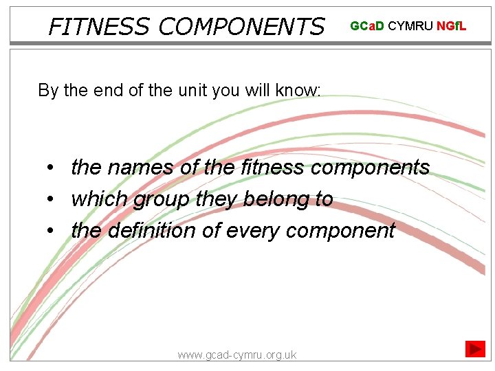 FITNESS COMPONENTS GCa. D CYMRU NGf. L By the end of the unit you