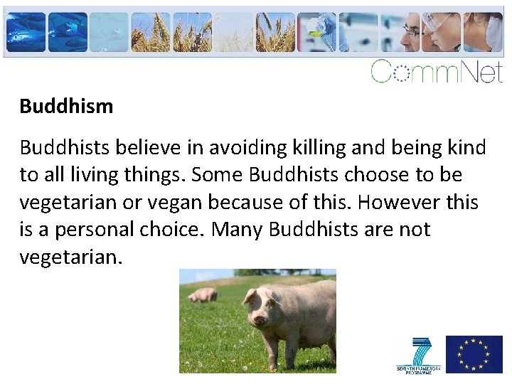 Buddhism Buddhists believe in avoiding killing and being kind to all living things. Some