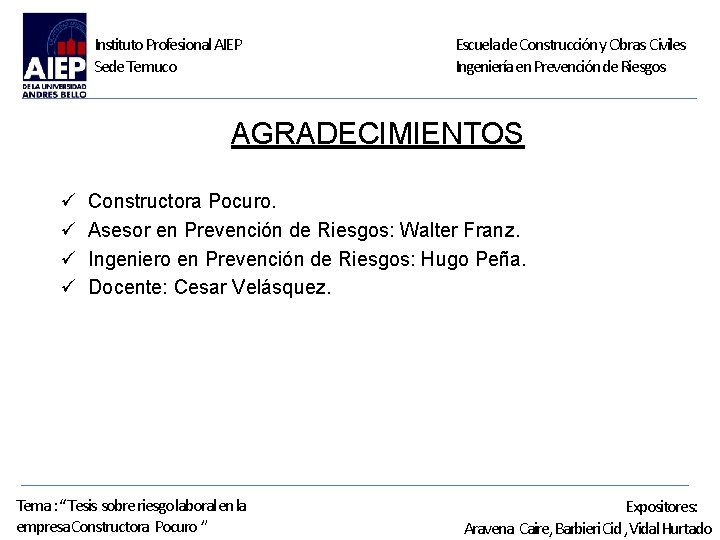Instituto Profesional AIEP Sede Temuco Escuela de Construcción y Obras Civiles Ingeniería en Prevención