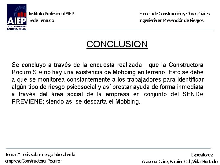 Instituto Profesional AIEP Sede Temuco Escuela de Construcción y Obras Civiles Ingeniería en Prevención