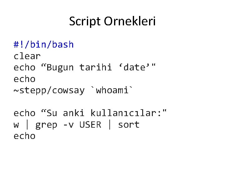 Script Ornekleri #!/bin/bash clear echo “Bugun tarihi ‘date’" echo ~stepp/cowsay `whoami` echo “Su anki