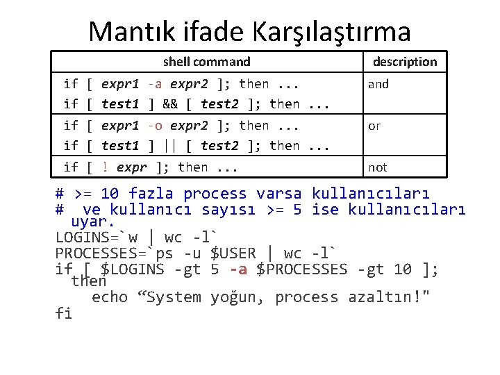 Mantık ifade Karşılaştırma shell command description if [ expr 1 -a expr 2 ];