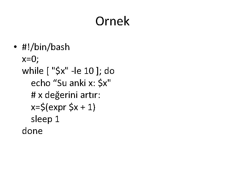 Ornek • #!/bin/bash x=0; while [ "$x" -le 10 ]; do echo “Su anki