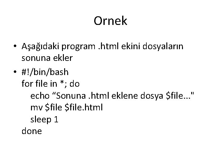 Ornek • Aşağıdaki program. html ekini dosyaların sonuna ekler • #!/bin/bash for file in