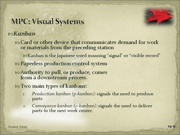 MPC: Visual Systems Kanban Card or other device that communicates demand for work or