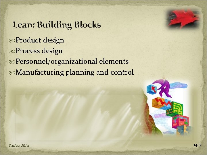 Lean: Building Blocks Product design Process design Personnel/organizational elements Manufacturing planning and control Student