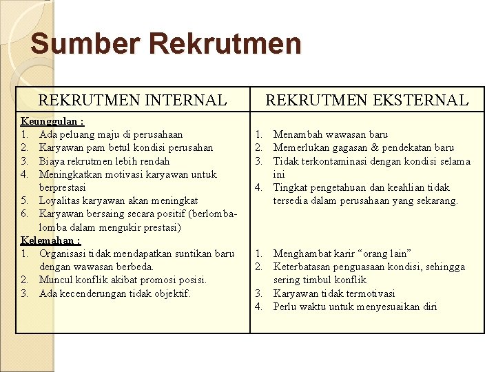 Sumber Rekrutmen REKRUTMEN INTERNAL Keunggulan : 1. Ada peluang maju di perusahaan 2. Karyawan