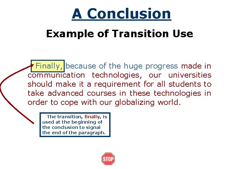 A Conclusion Example of Transition Use Finally, because of the huge progress made in
