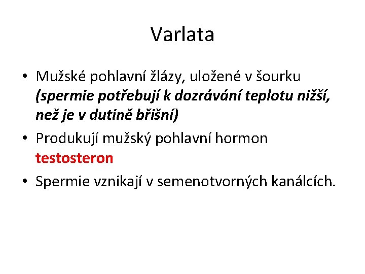 Varlata • Mužské pohlavní žlázy, uložené v šourku (spermie potřebují k dozrávání teplotu nižší,