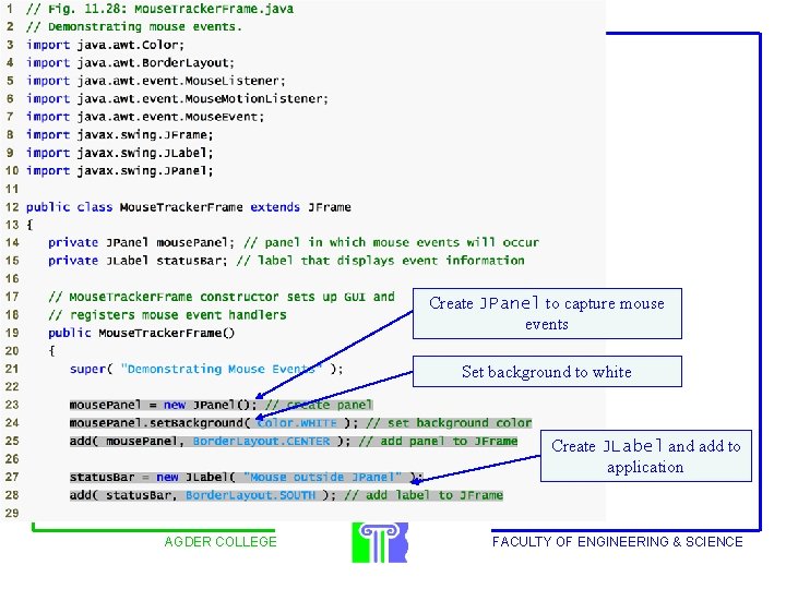 Outline Create JPanel to capture mouse events Set background to white Create JLabel and