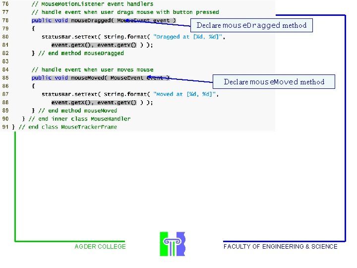 Declare mouse. Dragged method Outline Declare mouse. Moved method AGDER COLLEGE FACULTY OF ENGINEERING
