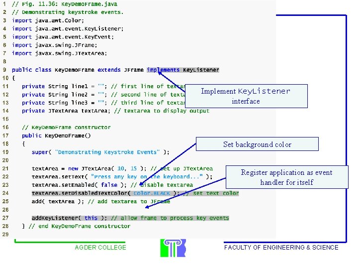 Outline Implement Key. Listener interface Set background color Register application as event handler for