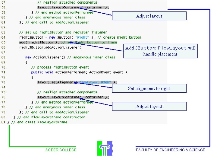 Outline Adjust layout Add JButton; Flow. Layout will handle placement Set alignment to right