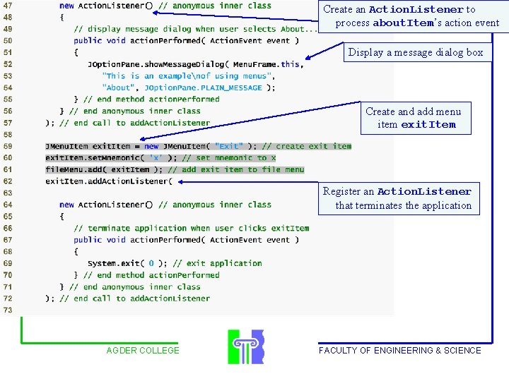 Create an Action. Listener to process about. Item’s action event Outline Display a message