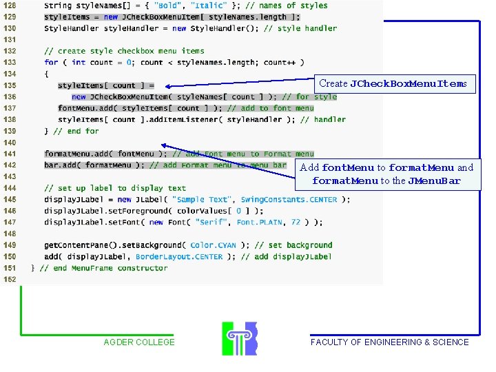 Outline Create JCheck. Box. Menu. Items Add font. Menu to format. Menu and format.