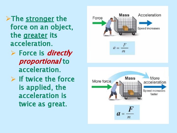 ØThe stronger the force on an object, the greater its acceleration. Ø Force is