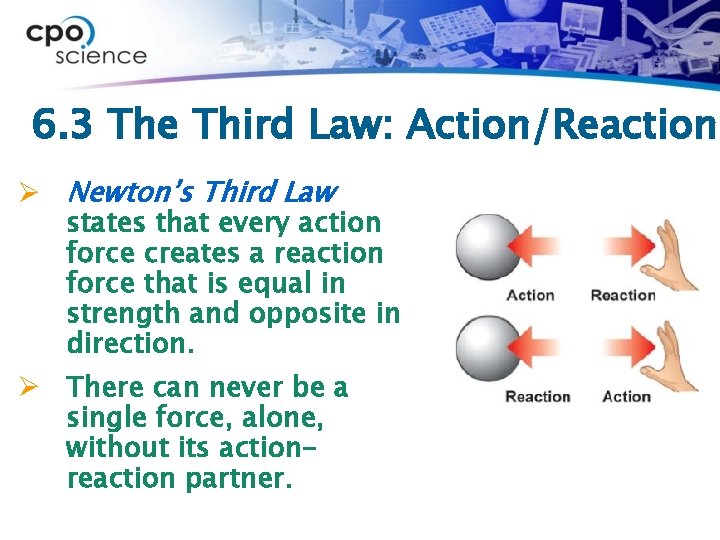 6. 3 The Third Law: Action/Reaction Ø Newton’s Third Law states that every action