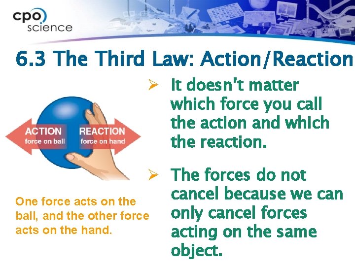 6. 3 The Third Law: Action/Reaction Ø It doesn’t matter which force you call