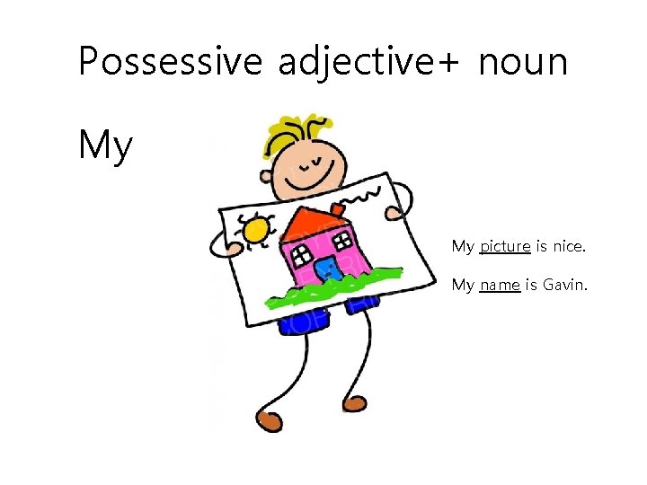 Possessive adjective+ noun My My picture is nice. My name is Gavin. 