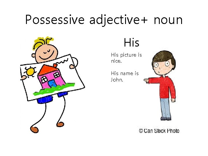 Possessive adjective+ noun His picture is nice. His name is John. 