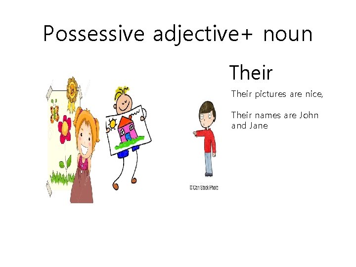 Possessive adjective+ noun Their pictures are nice, Their names are John and Jane 