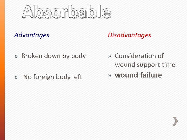 Absorbable Advantages Disadvantages » Broken down by body » Consideration of » No foreign