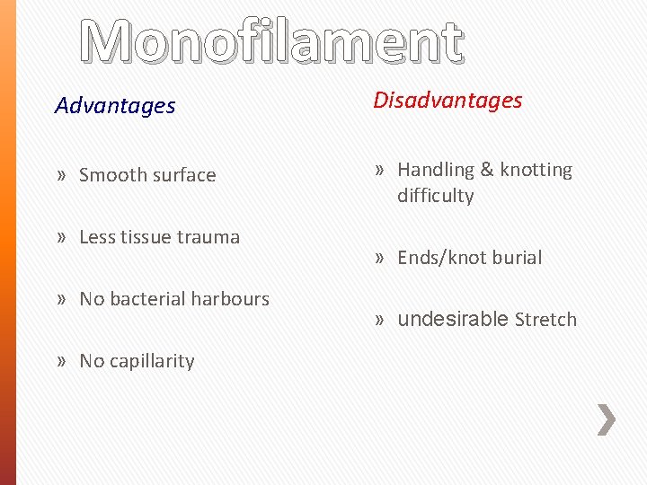 Monofilament Advantages Disadvantages » Smooth surface » Handling & knotting difficulty » Less tissue