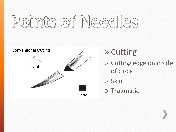 Points of Needles » Cutting edge on inside of circle » Skin » Traumatic