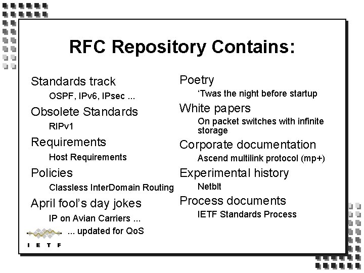 RFC Repository Contains: Standards track OSPF, IPv 6, IPsec. . . Obsolete Standards RIPv