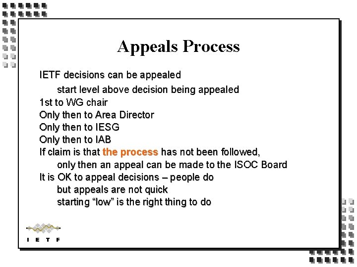 Appeals Process IETF decisions can be appealed start level above decision being appealed 1