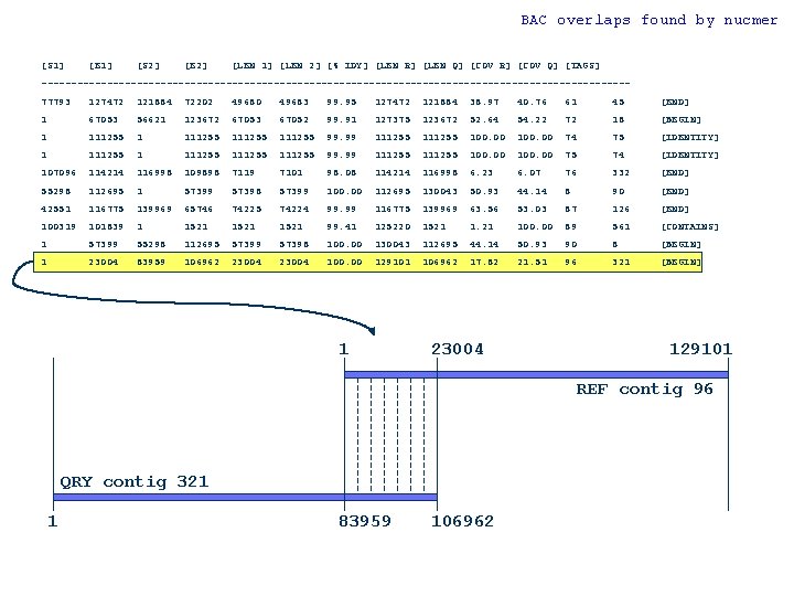 BAC overlaps found by nucmer [S 1] [E 1] [S 2] [E 2] [LEN