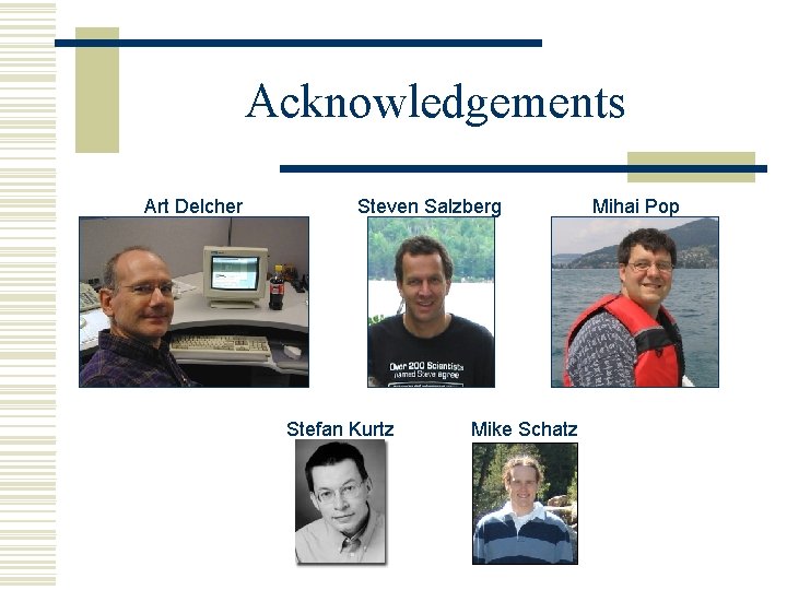 Acknowledgements Art Delcher Steven Salzberg Stefan Kurtz Mike Schatz Mihai Pop 