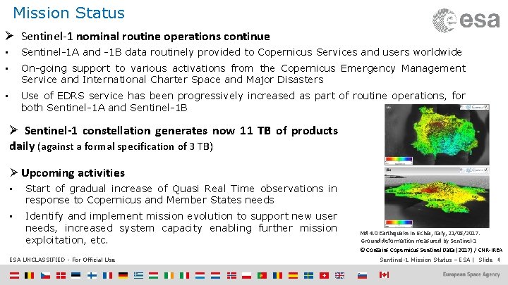 Mission Status mission status Sentinel-1: Ø Sentinel-1 nominal routine operations continue • Sentinel-1 A