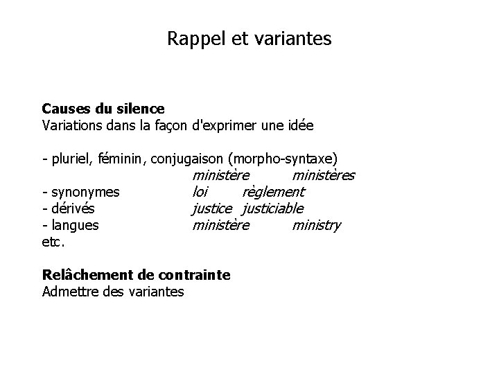 Rappel et variantes Causes du silence Variations dans la façon d'exprimer une idée -