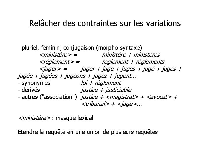 Relâcher des contraintes sur les variations - pluriel, féminin, conjugaison (morpho-syntaxe) <ministère> = ministère