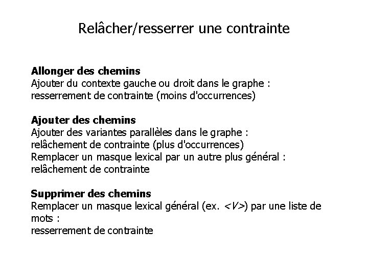 Relâcher/resserrer une contrainte Allonger des chemins Ajouter du contexte gauche ou droit dans le