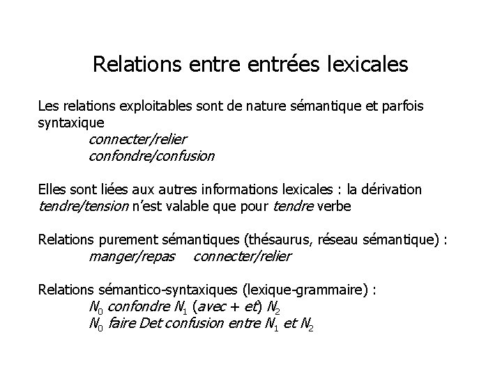 Relations entre entrées lexicales Les relations exploitables sont de nature sémantique et parfois syntaxique