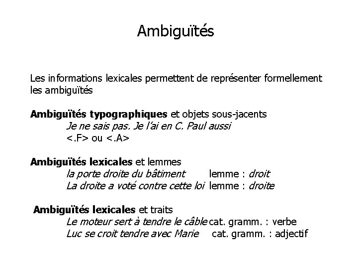 Ambiguïtés Les informations lexicales permettent de représenter formellement les ambiguïtés Ambiguïtés typographiques et objets