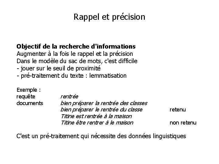 Rappel et précision Objectif de la recherche d'informations Augmenter à la fois le rappel