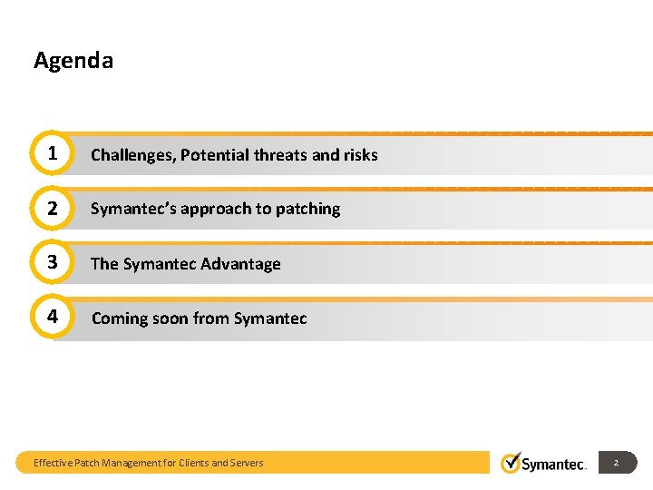 Agenda 1 Challenges, Potential threats and risks 2 Symantec’s approach to patching 3 The