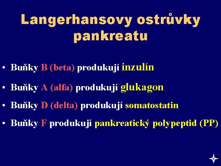 Langerhansovy ostrůvky pankreatu • Buňky B (beta) produkují inzulín • Buňky A (alfa) produkují