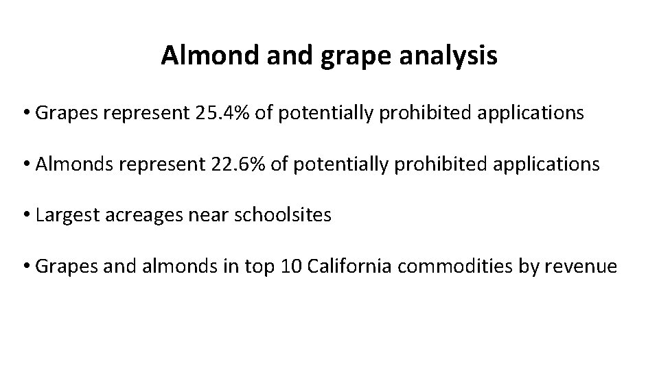 Almond and grape analysis • Grapes represent 25. 4% of potentially prohibited applications •