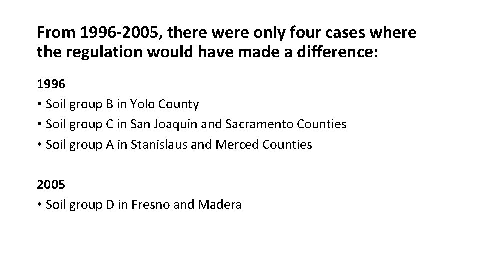 From 1996 -2005, there were only four cases where the regulation would have made